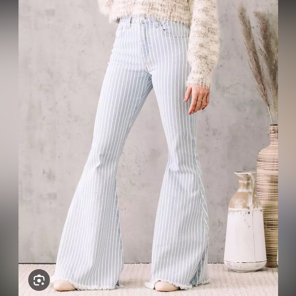 Striped Buckle Flare Jeans